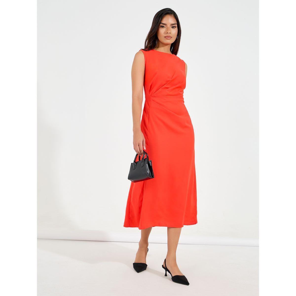 فستان ميدي بلا اكمام مع تفاصيل مزمومة-women-clothing-dresses-image-1
