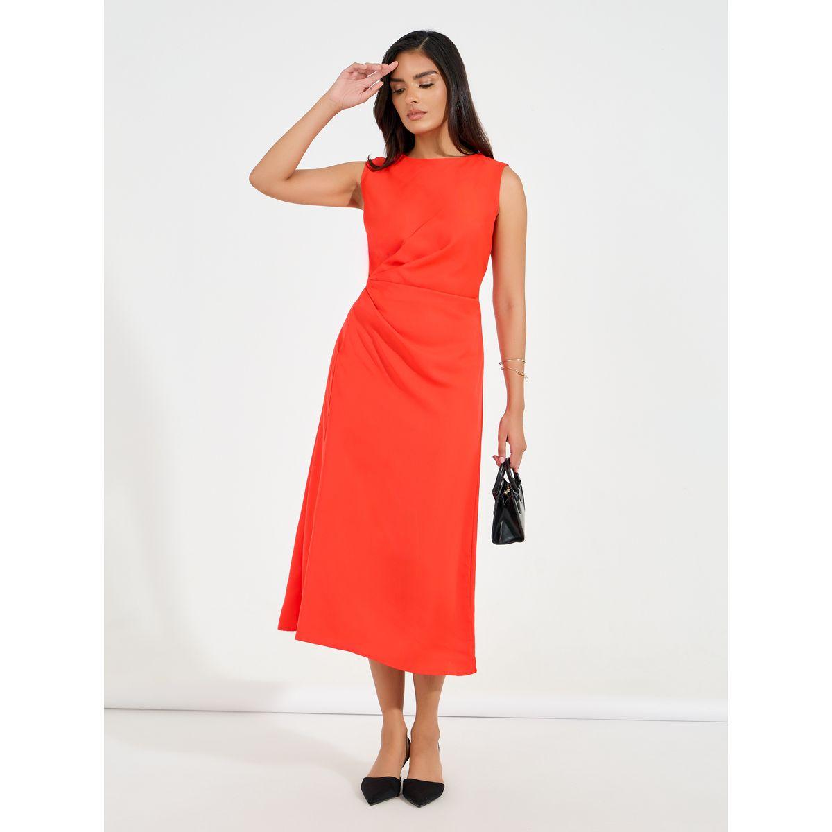 فستان ميدي بلا اكمام مع تفاصيل مزمومة-women-clothing-dresses-image-4