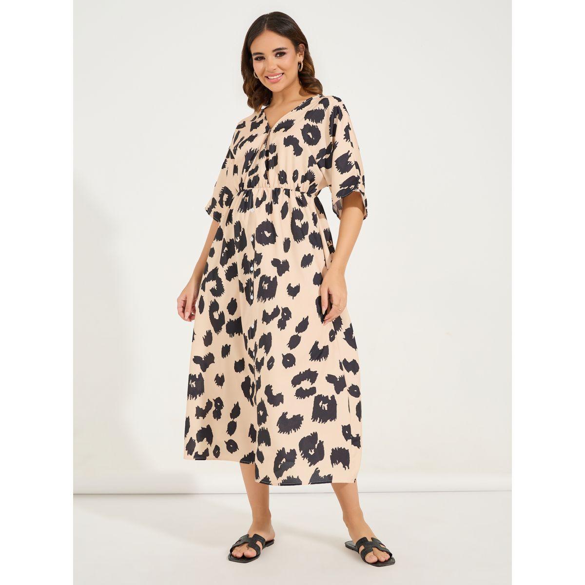 Styli Leopard Print Short Sleeves A-Line Midi Dress-women-clothing-dresses-image-1