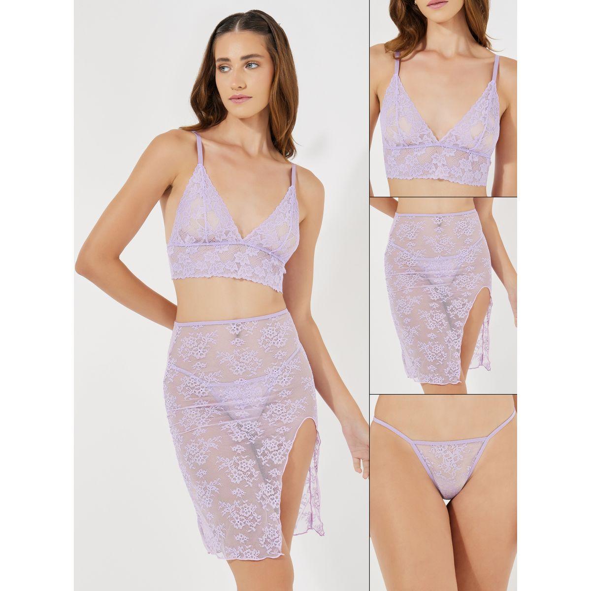 Styli Pack of 3 - Lace Bralette, Thong & Midi Side Slit Skirt-women-clothing-lingerie-lingeriesets-image-1