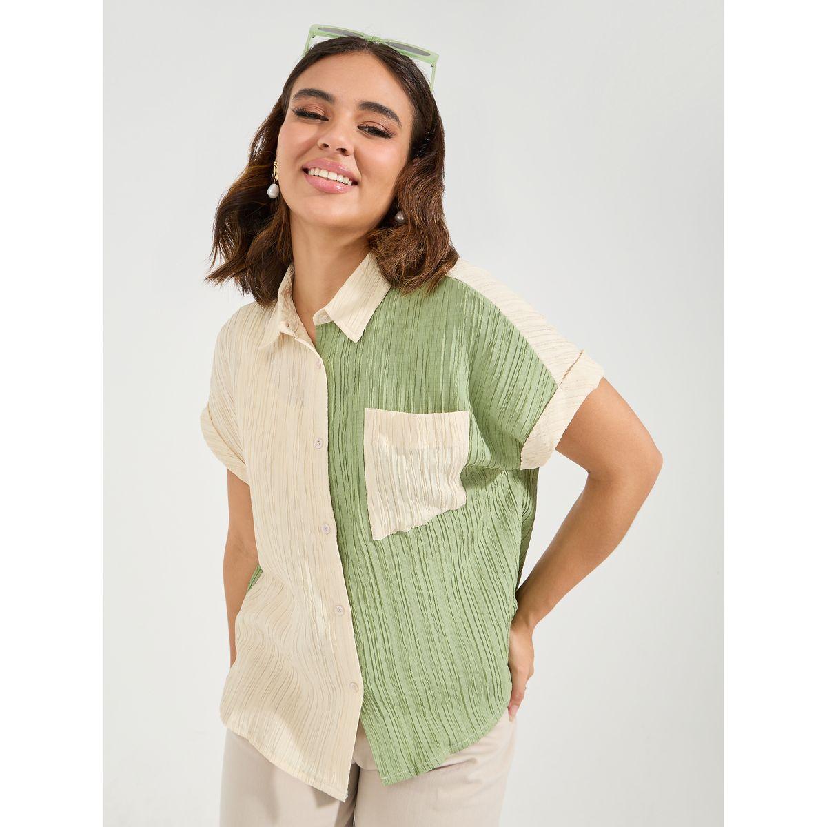 Styli Elevate Textured Color Block Shirt with Turn-Up Sleeve-women-clothing-shirtsandblouses-shirts-image-1