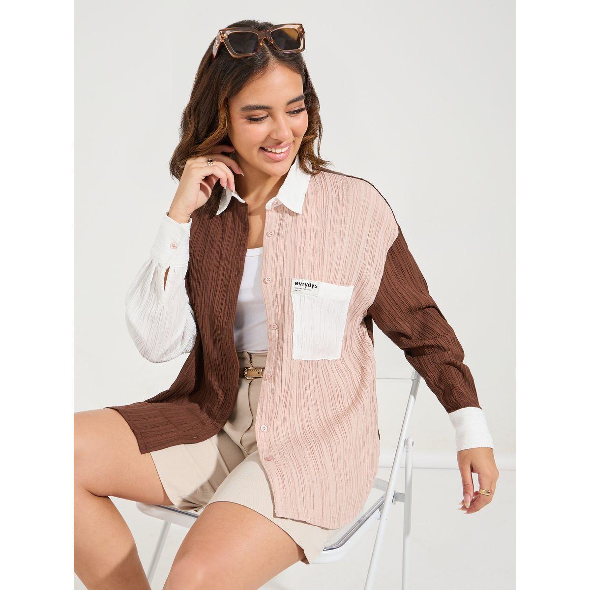 Styli Elevate Color Block Textured Oversized Shirt-women-clothing-shirtsandblouses-shirts-image-1