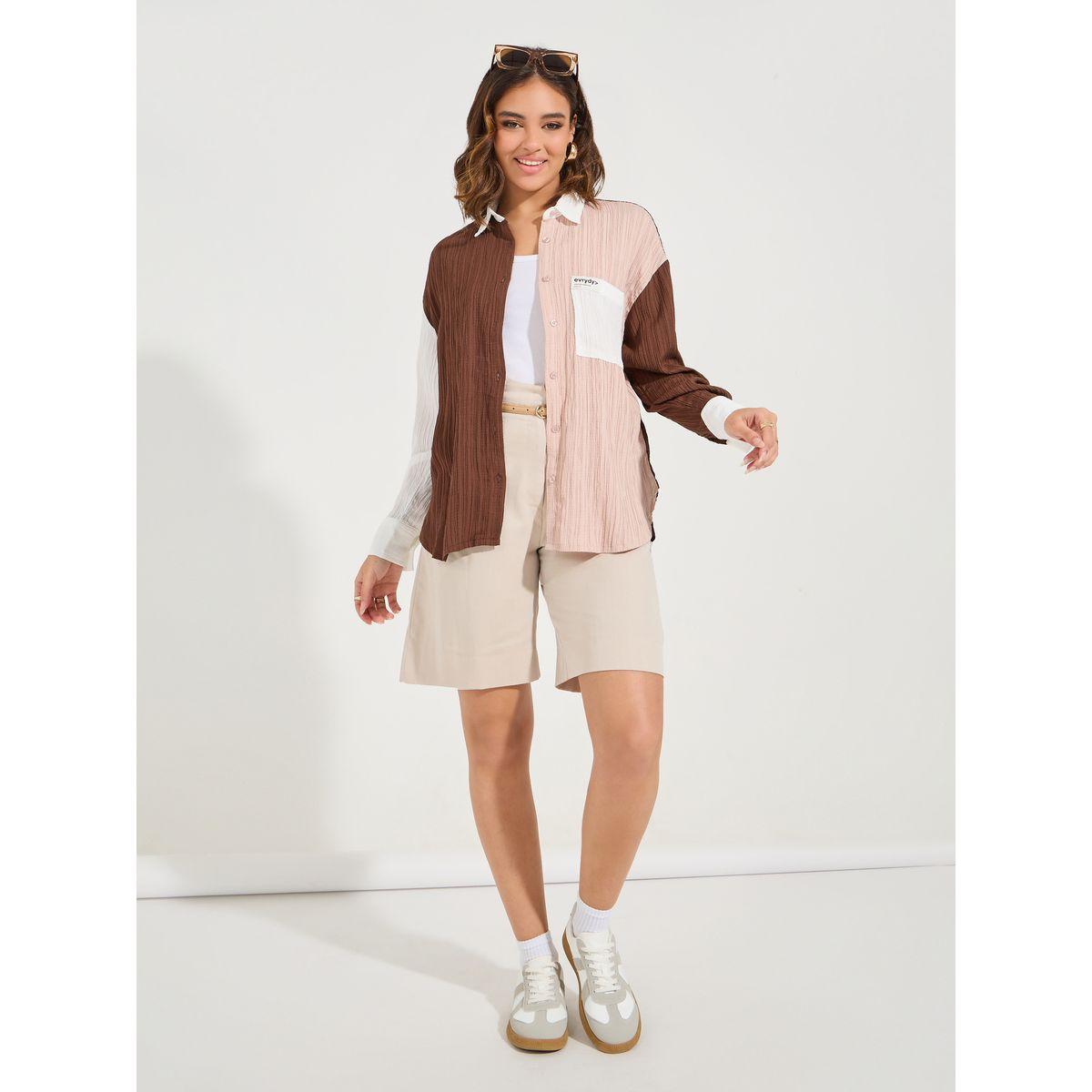 Styli Elevate Color Block Textured Oversized Shirt-women-clothing-shirtsandblouses-shirts-image-2