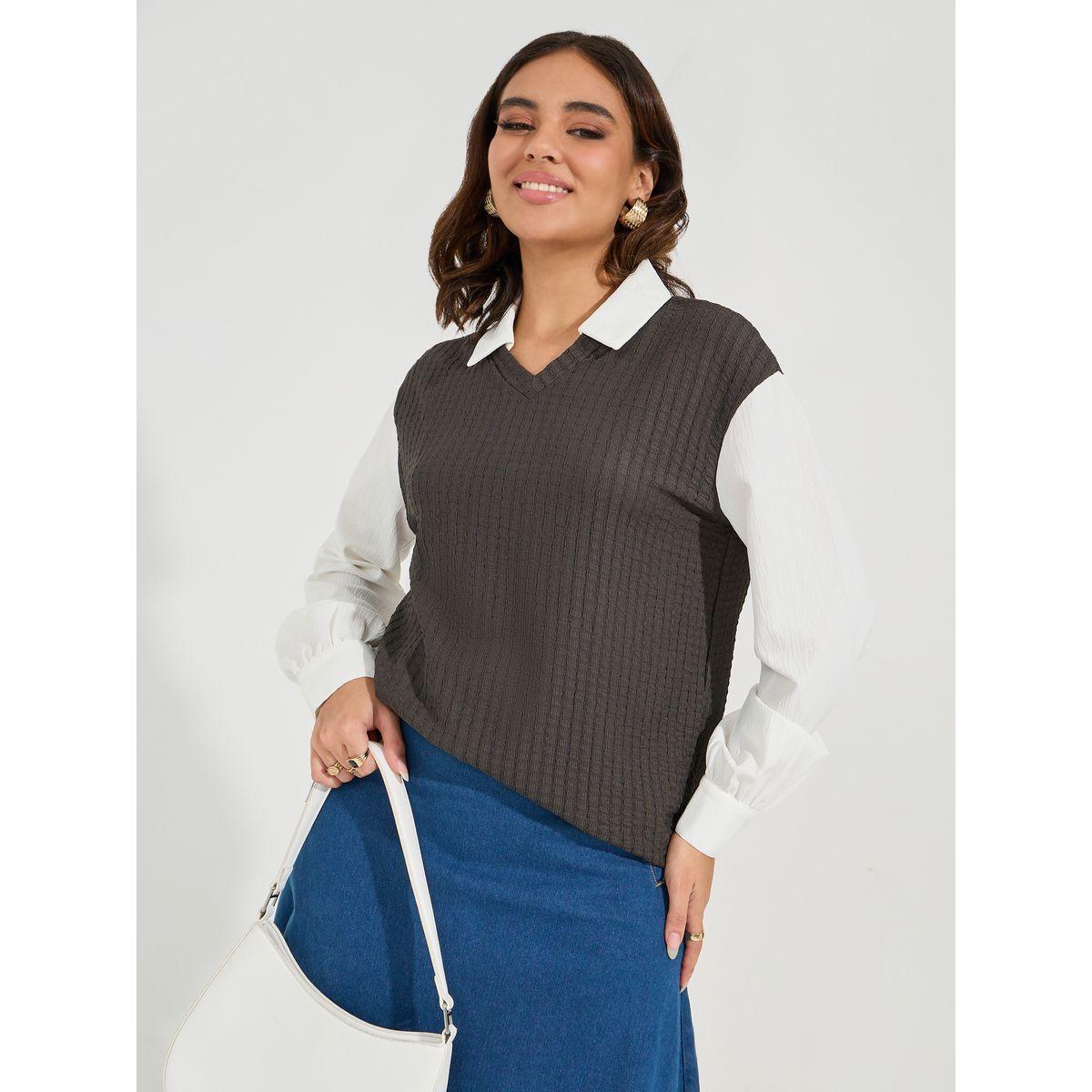Styli Elevate Knit Oversized Regular Length Shirt-women-clothing-shirtsandblouses-shirts-image-1