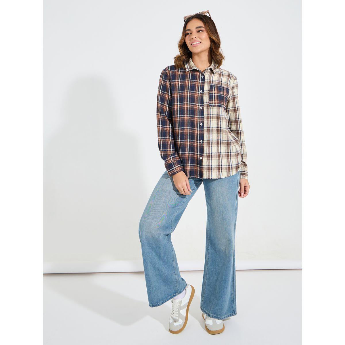 Styli Elevate Contrast Checked Print Oversized Shirt-women-clothing-shirtsandblouses-shirts-image-2