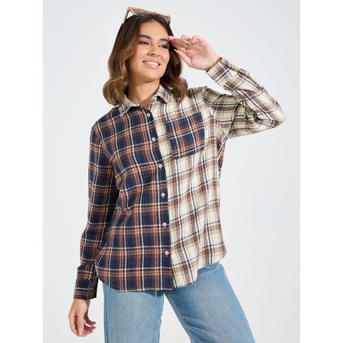 Styli Elevate Contrast Checked Print Oversized Shirt-women-clothing-shirtsandblouses-shirts-image-4