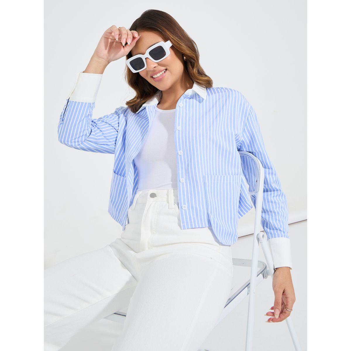 بلوزة بوكسي قصيرة مخططة مع اكتاف منخفضة-women-clothing-shirtsandblouses-shirts-image-1