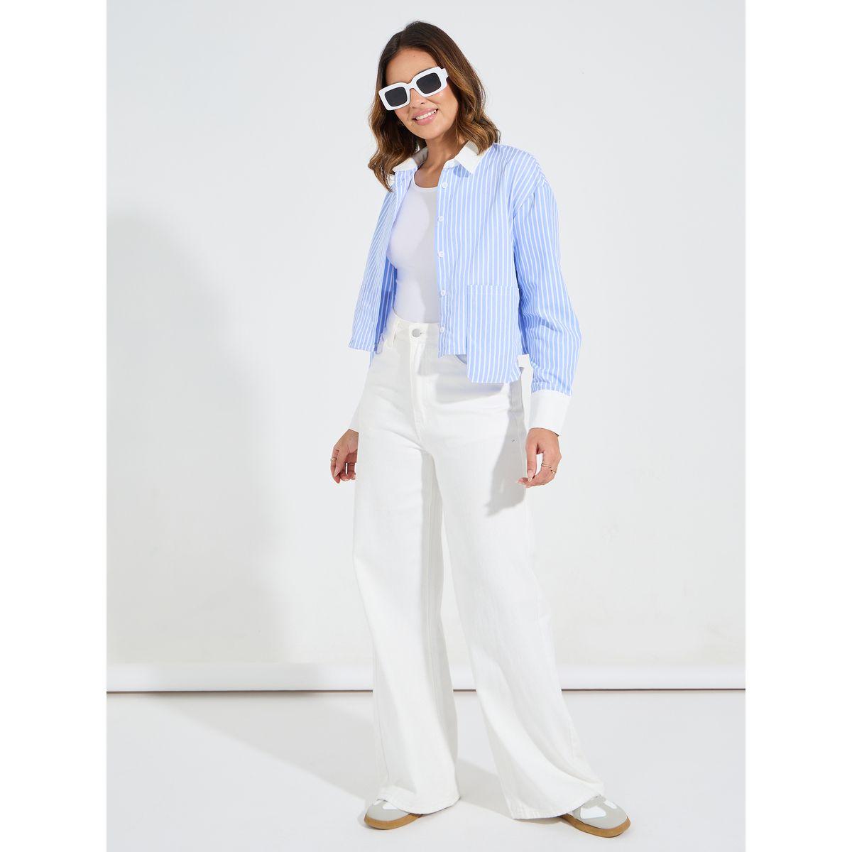 بلوزة بوكسي قصيرة مخططة مع اكتاف منخفضة-women-clothing-shirtsandblouses-shirts-image-2