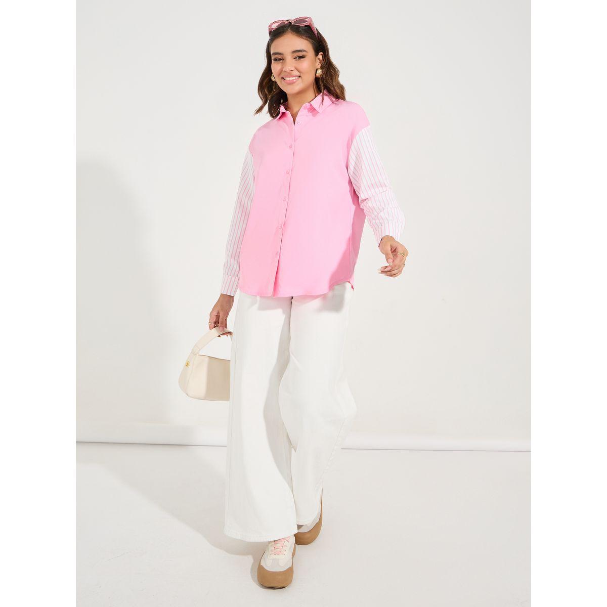Styli Elevate Striped Detail Oversized Shirt with Back Print-women-clothing-shirtsandblouses-shirts-image-2