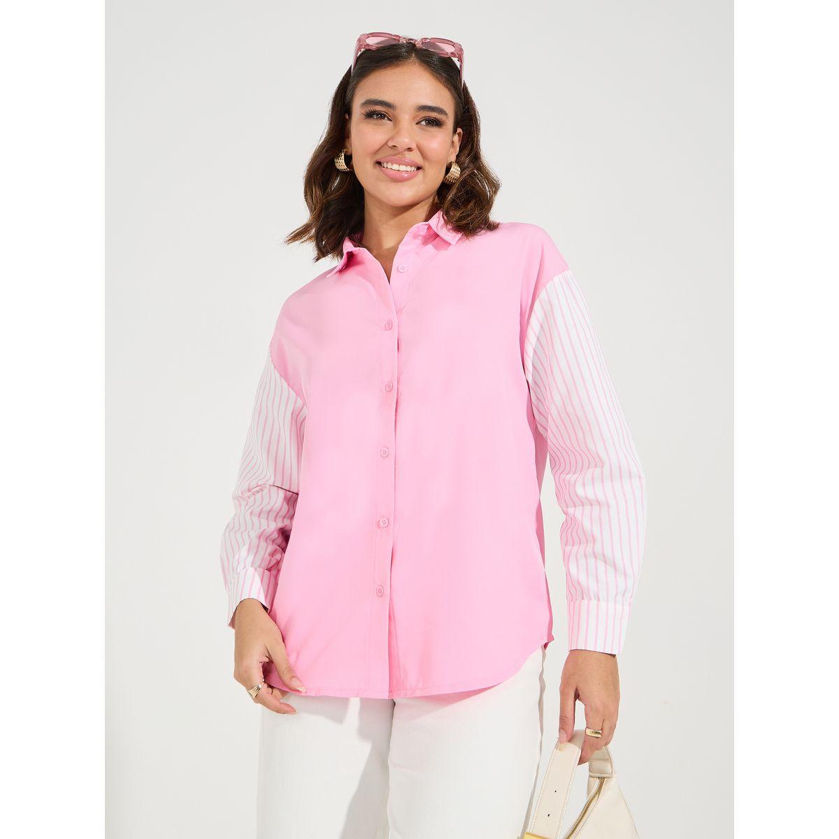 Styli Elevate Striped Detail Oversized Shirt with Back Print-women-clothing-shirtsandblouses-shirts-image-3