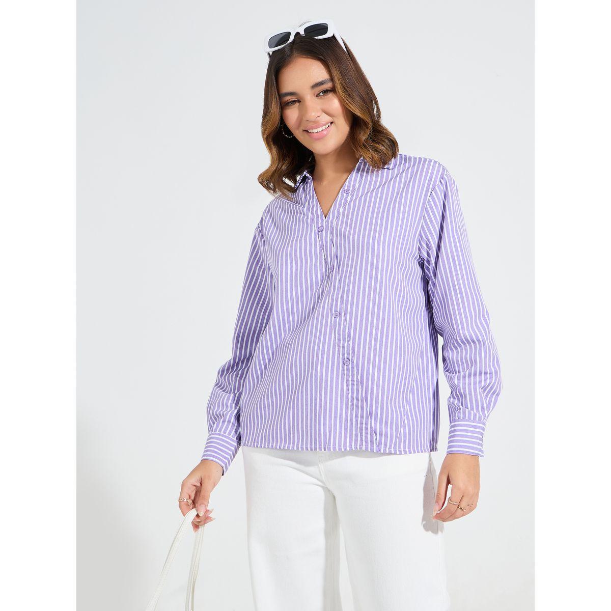 Styli Elevate Striped Oversized Shirt with Asymmetric Button-women-clothing-shirtsandblouses-shirts-image-1