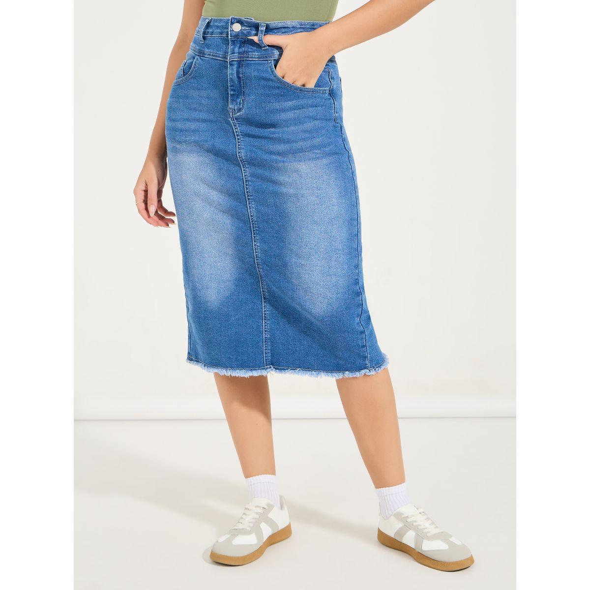 Styli Raw Edge Denim Midi Skirt with Back Slit-women-clothing-bottoms-skirts-image-2