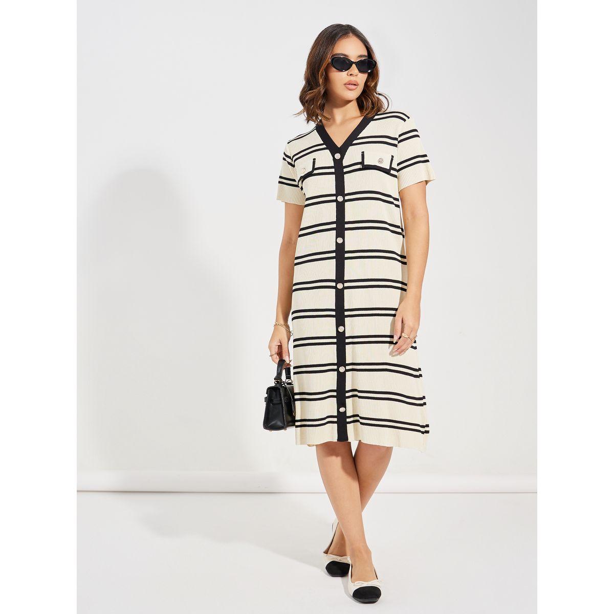 Styli Striped Knit Knee Length Dress with Buttons-women-clothing-dresses-image-1