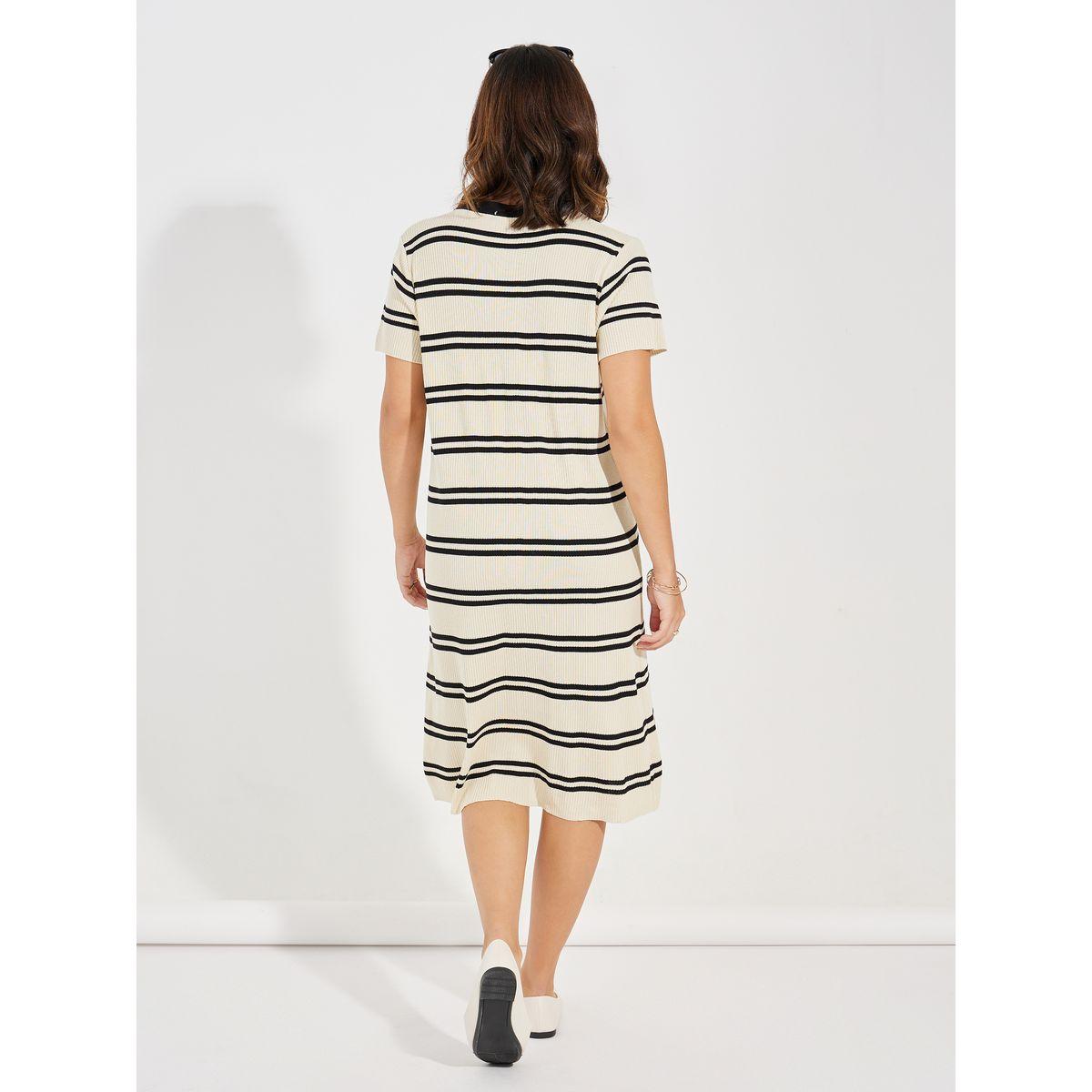 Styli Striped Knit Knee Length Dress with Buttons-women-clothing-dresses-image-4
