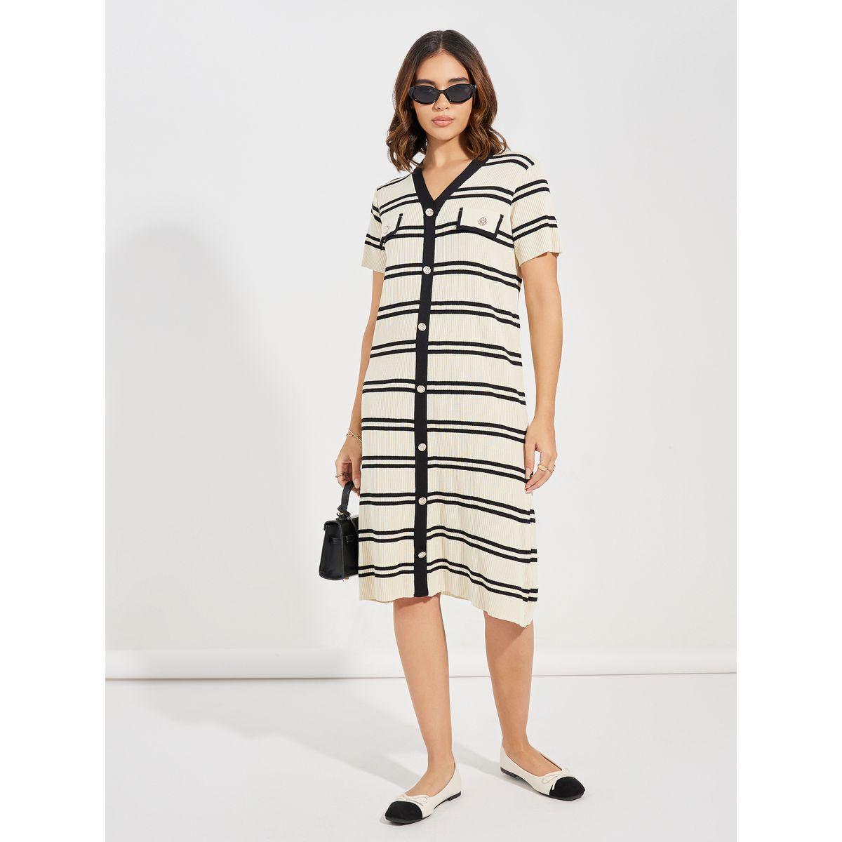 Styli Striped Knit Knee Length Dress with Buttons-women-clothing-dresses-image-5