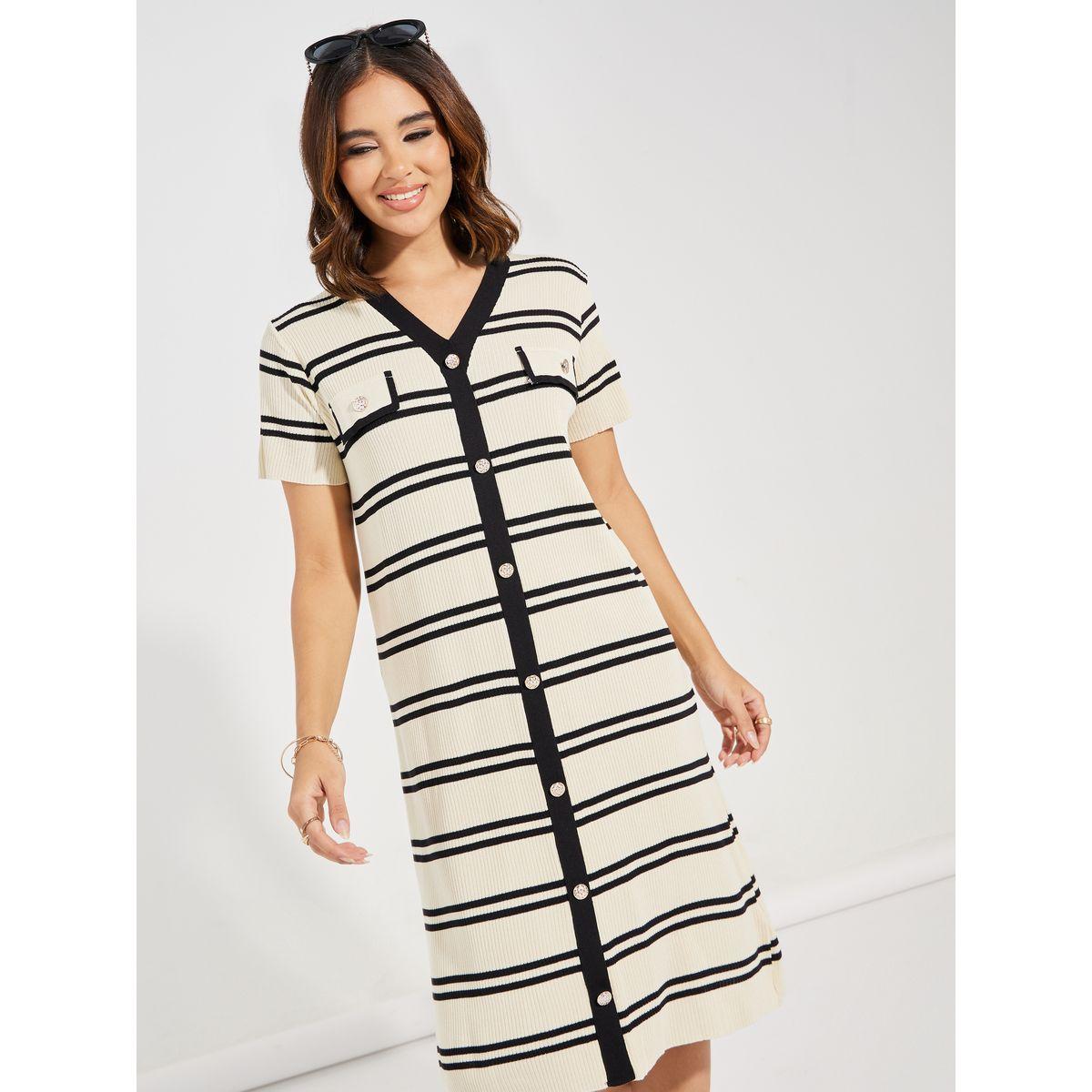 Styli Striped Knit Knee Length Dress with Buttons-women-clothing-dresses-image-6