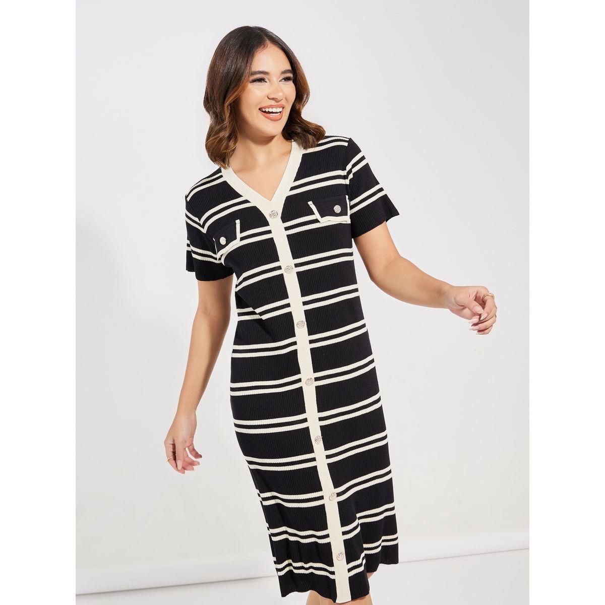 Styli Striped Knit Knee Length Dress with Buttons-women-clothing-dresses-image-2