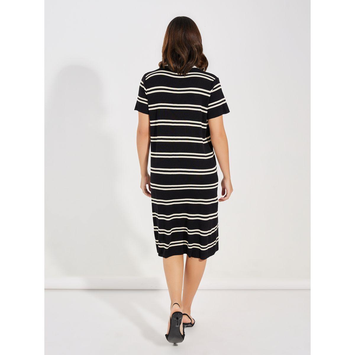 Styli Striped Knit Knee Length Dress with Buttons-women-clothing-dresses-image-4