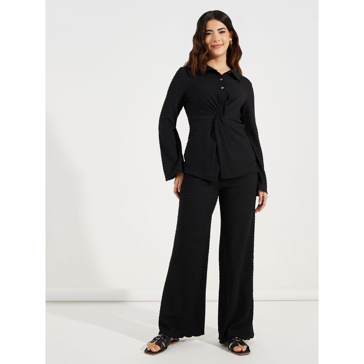 Styli Textured Front Knot Detail Shirt & Straight Leg Pants Co-Ords-women-clothing-coordsets-image-1