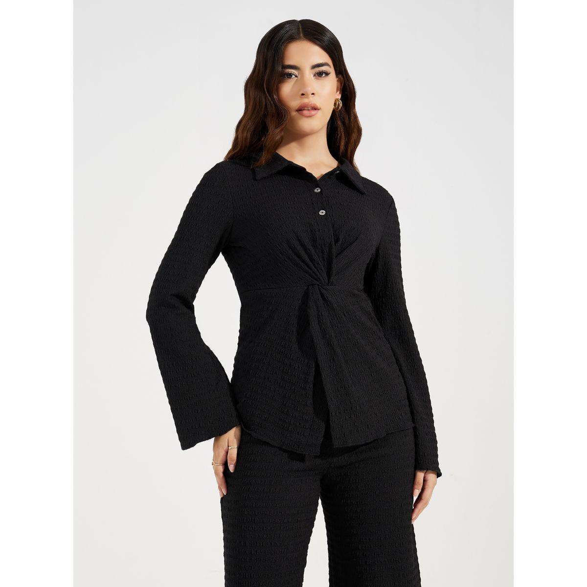 Styli Textured Front Knot Detail Shirt & Straight Leg Pants Co-Ords-women-clothing-coordsets-image-2