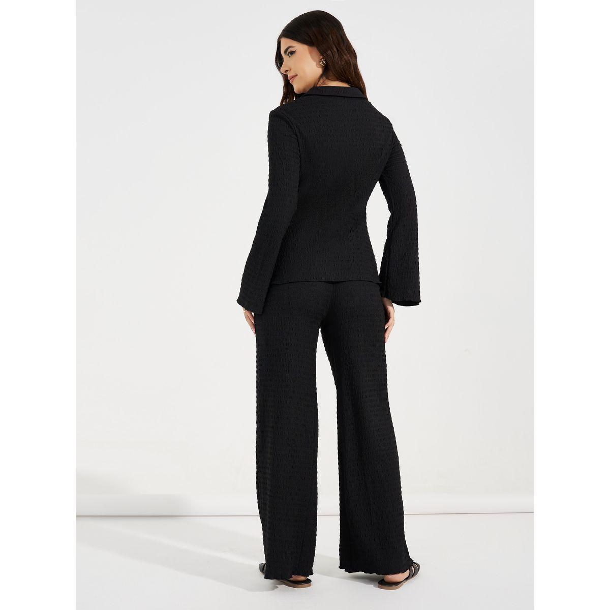 طقم منسق من بنطال بارجل مستقيمة مع بلوزة مزينة بعقدة-women-clothing-coordsets-image-4