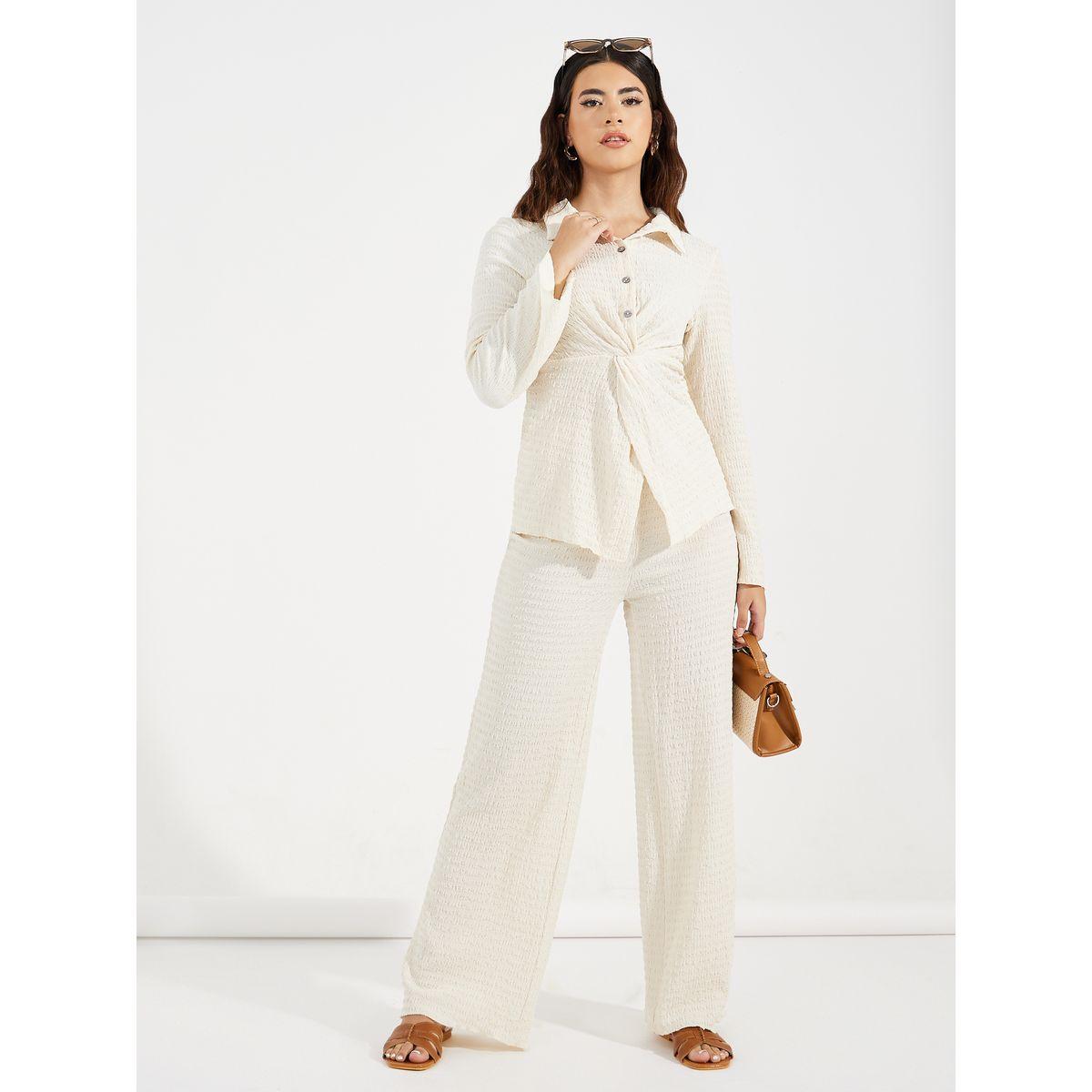 طقم منسق من بنطال بارجل مستقيمة مع بلوزة مزينة بعقدة-women-clothing-coordsets-image-1