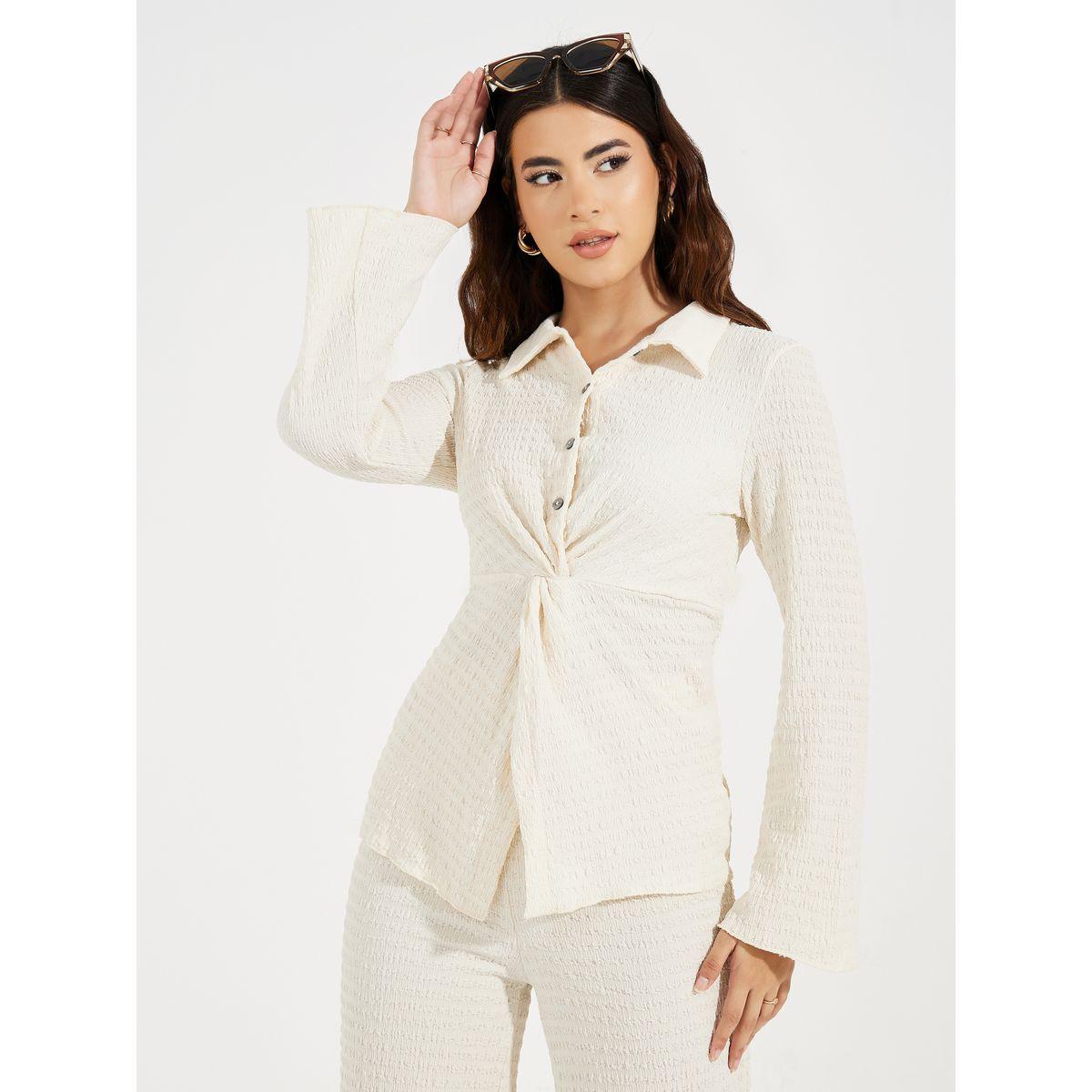Styli Textured Front Knot Detail Shirt & Straight Leg Pants Co-Ords-women-clothing-coordsets-image-2
