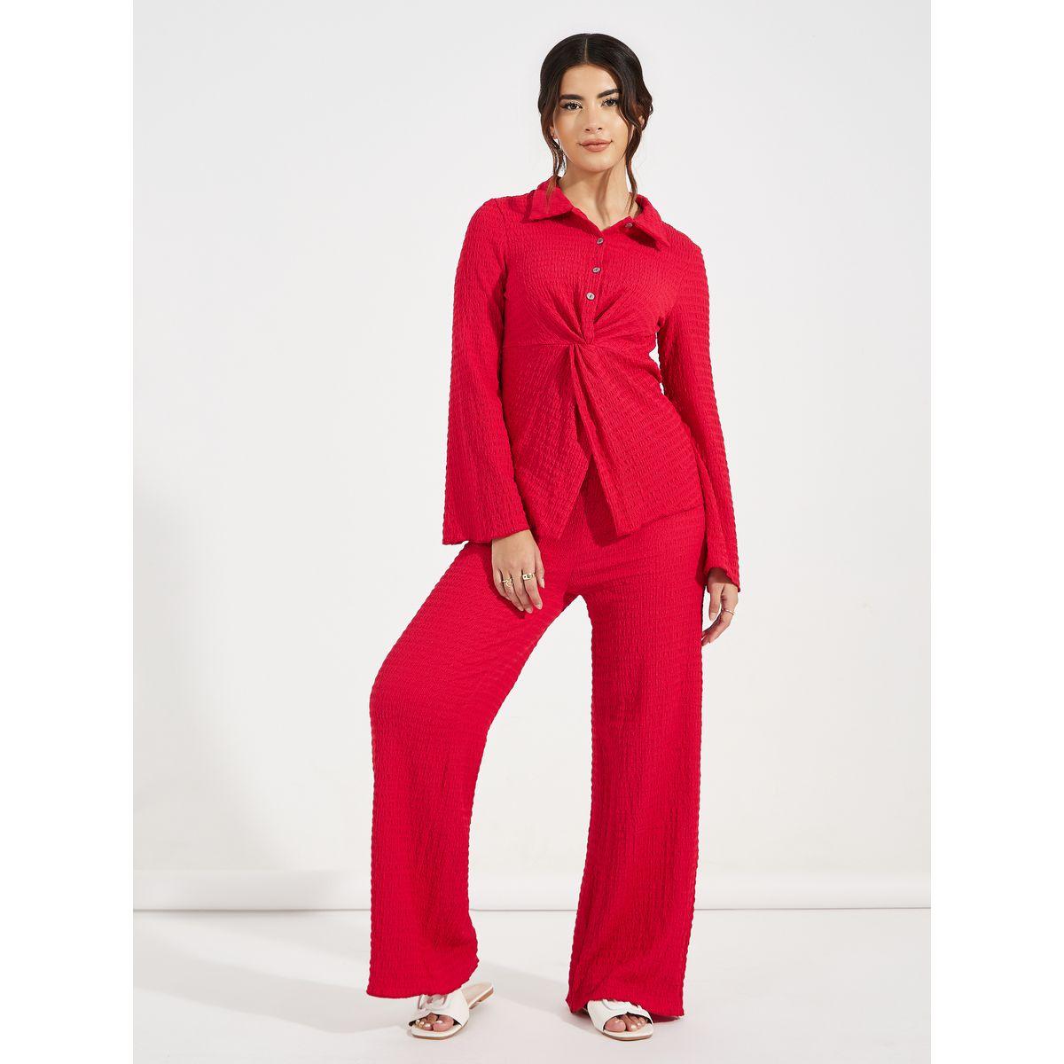 طقم منسق من بنطال بارجل مستقيمة مع بلوزة مزينة بعقدة-women-clothing-coordsets-image-1