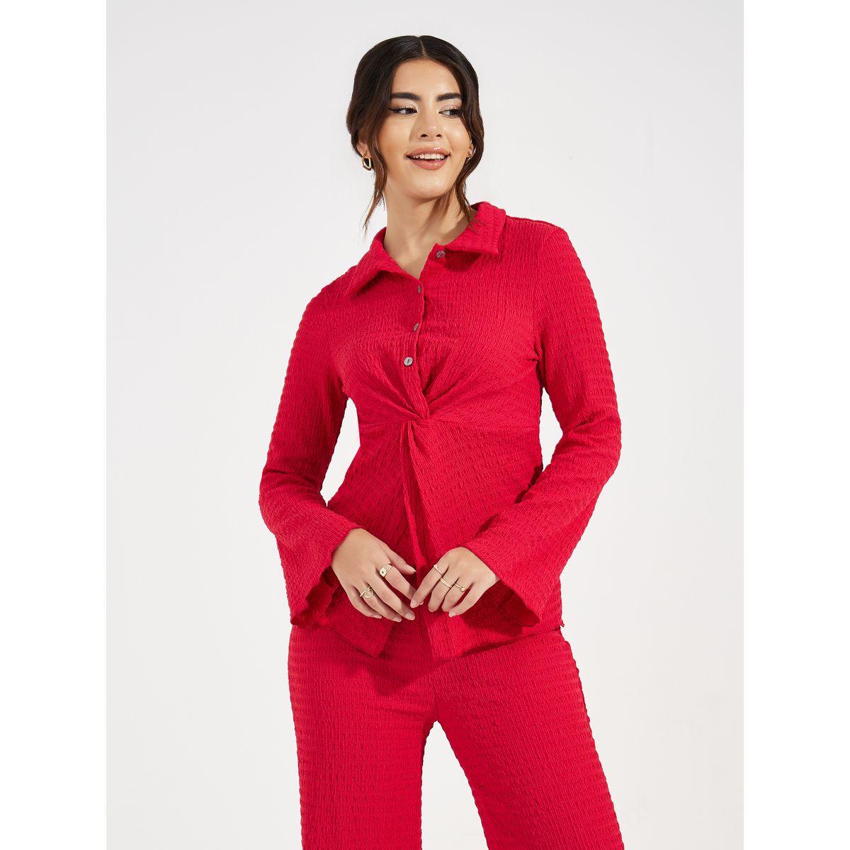 طقم منسق من بنطال بارجل مستقيمة مع بلوزة مزينة بعقدة-women-clothing-coordsets-image-2