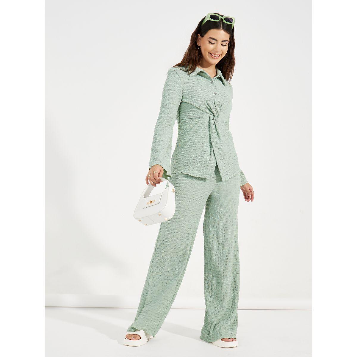 Styli Textured Front Knot Detail Shirt & Straight Leg Pants Co-Ords-women-clothing-coordsets-image-1