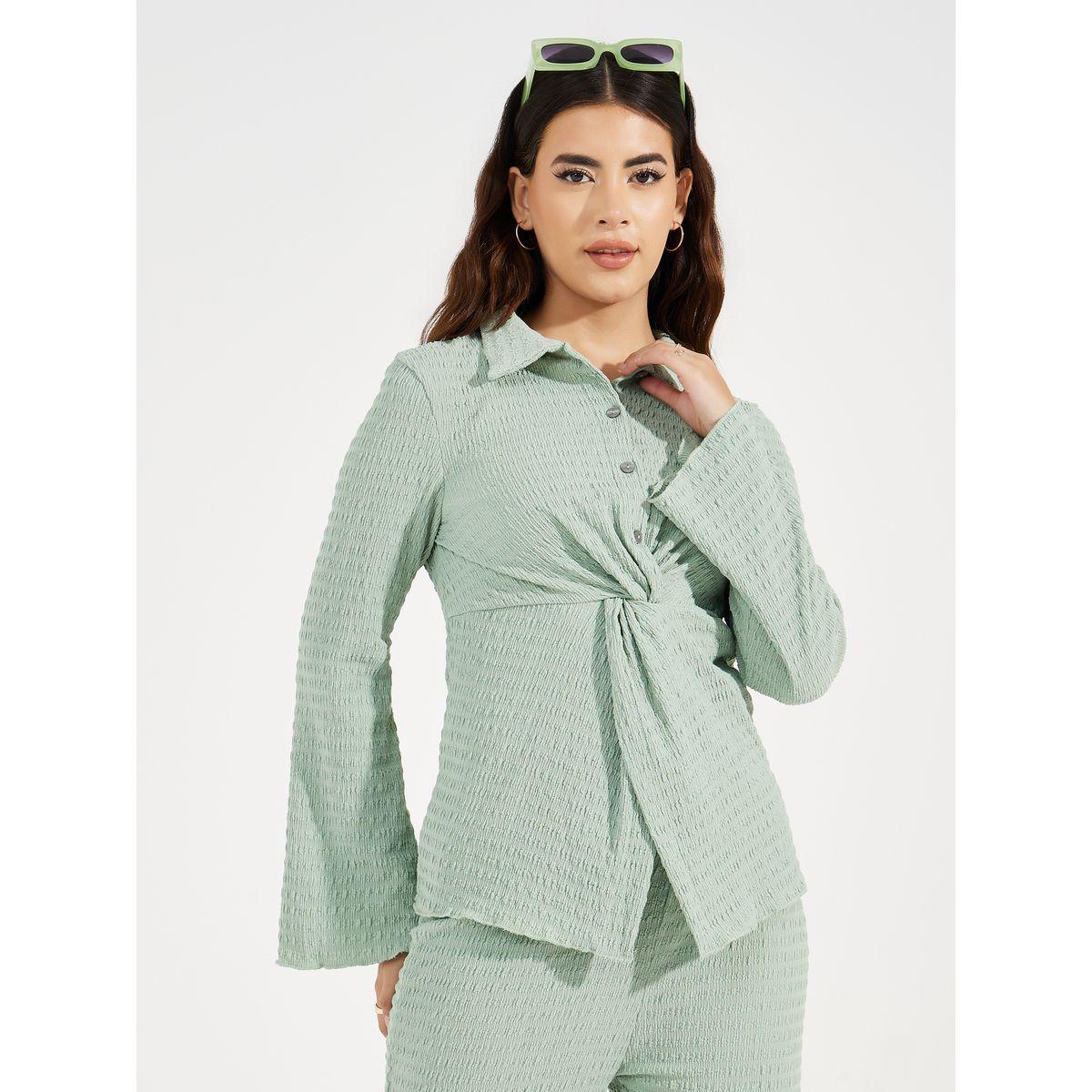 طقم من بنطال بارجل مستقيمة مع بلوزة مزينة بعقدة-women-clothing-coordsets-image-2