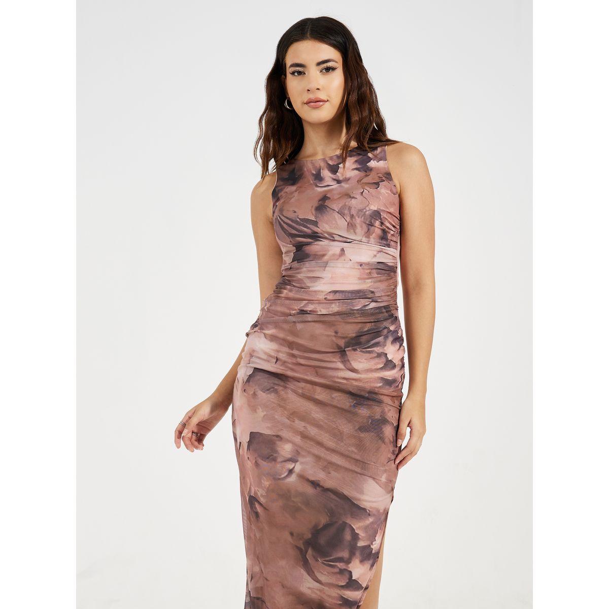Styli Gathered Bodycon Midi Dress with Side Slit-women-clothing-dresses-image-2