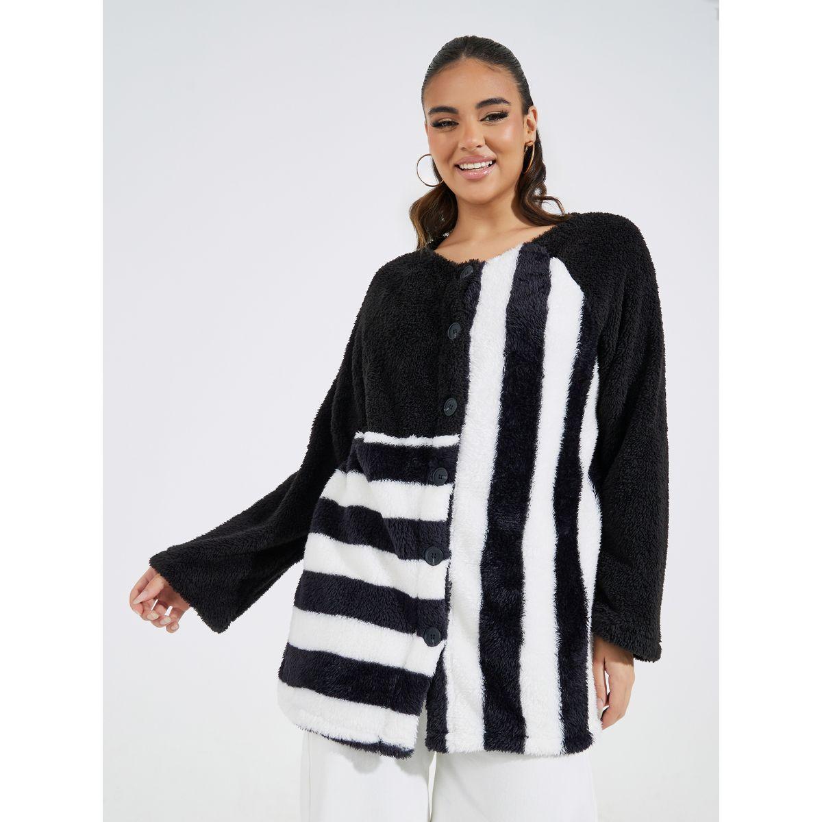 Styli Striped Contrast Detail Teddy Coat-women-clothing-coatsandjackets-coats-image-1