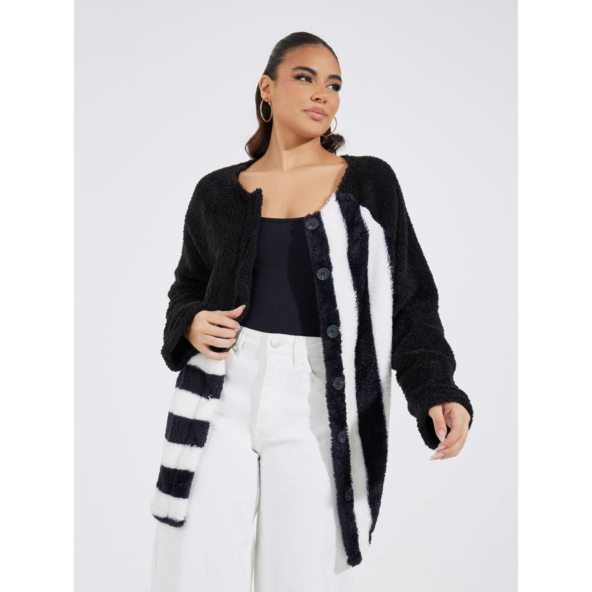 معطف تيدي مخطط بتفاصيل مُتباينة-women-clothing-coatsandjackets-coats-image-2
