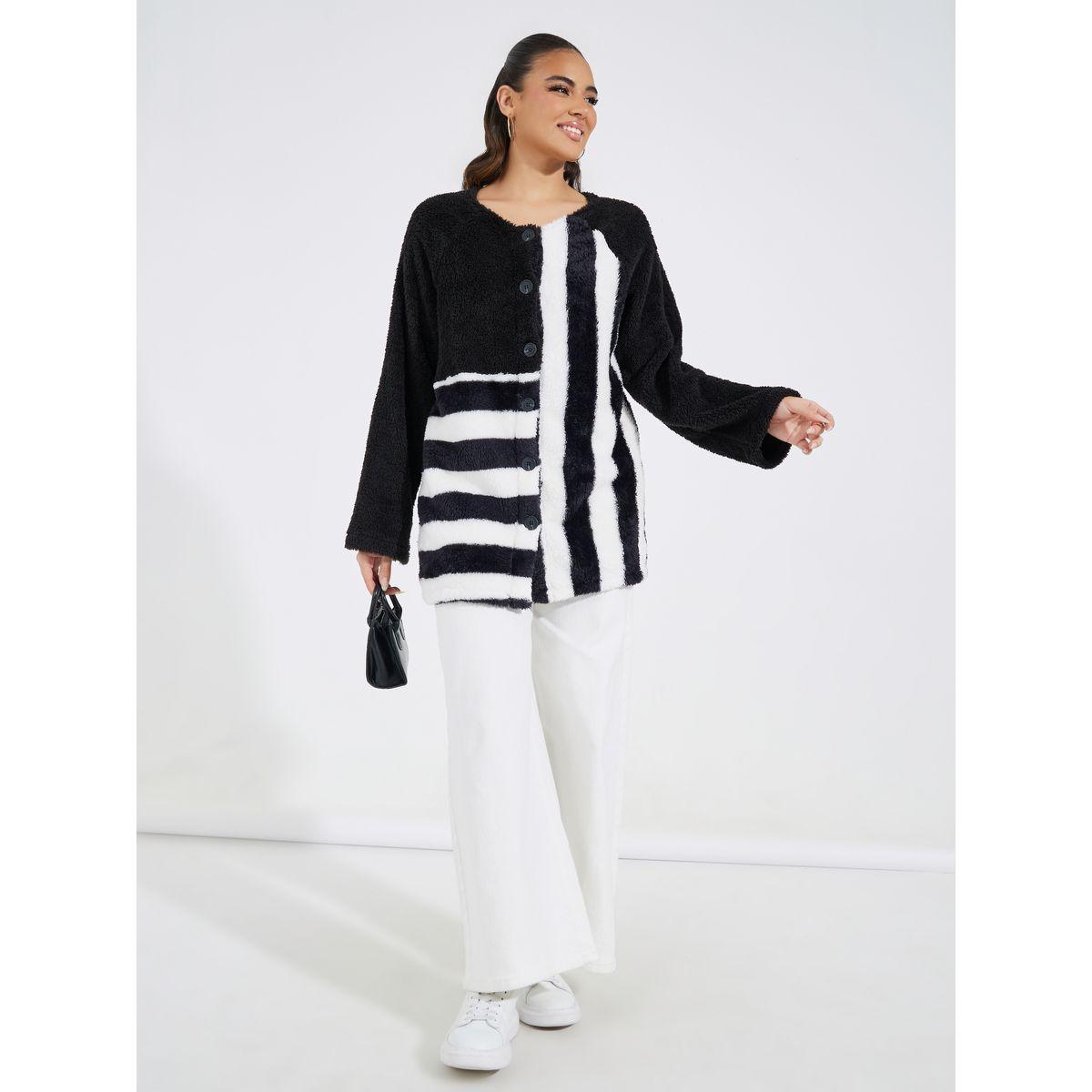 Styli Striped Contrast Detail Teddy Coat-women-clothing-coatsandjackets-coats-image-3