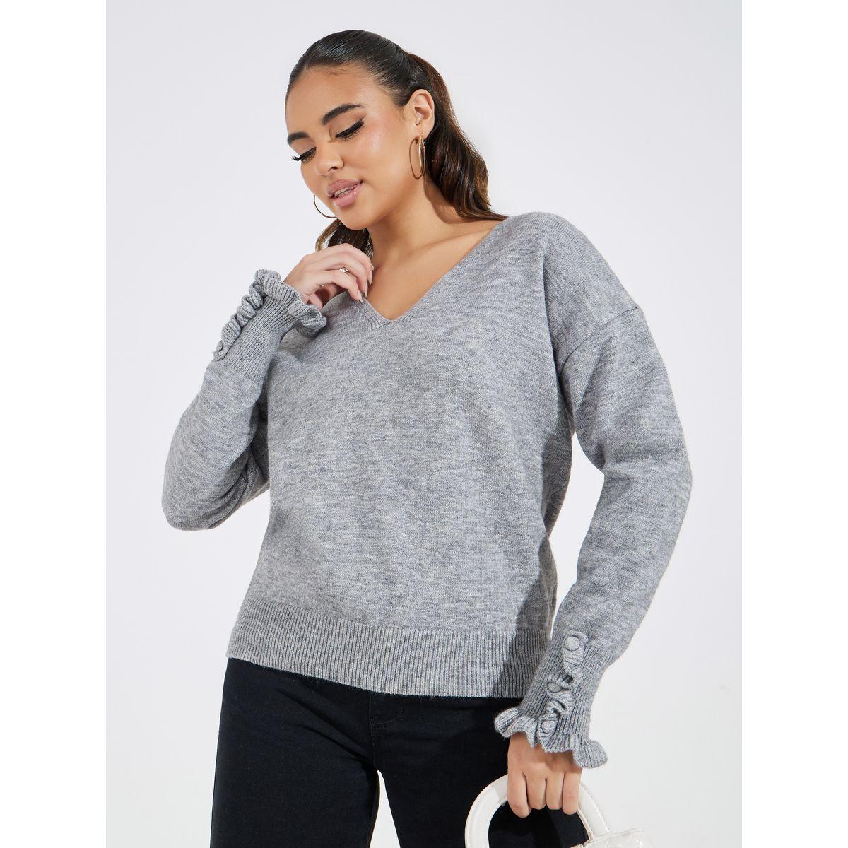 Styli Solid Ruffle Sleeve V Neck Sweater-women-clothing-cardigansandjumpers-jumpers-image-1