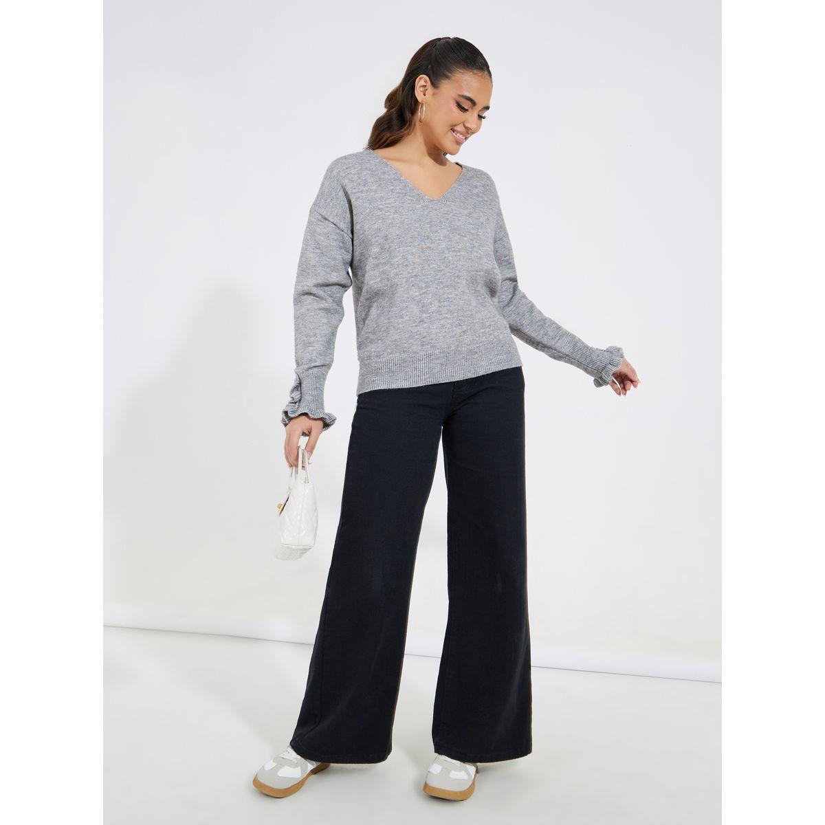Styli Solid Ruffle Sleeve V Neck Sweater-women-clothing-cardigansandjumpers-jumpers-image-2