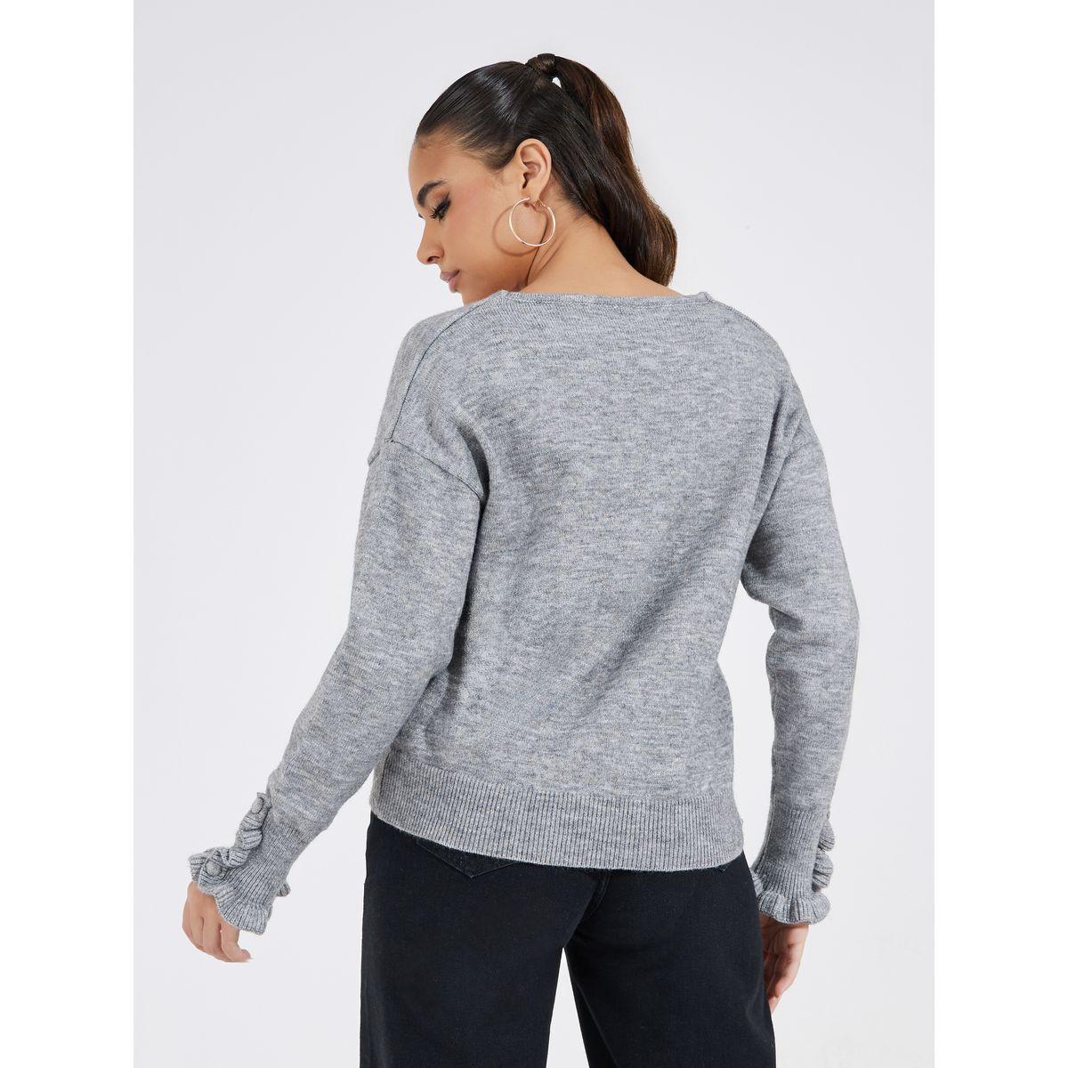 Styli Solid Ruffle Sleeve V Neck Sweater-women-clothing-cardigansandjumpers-jumpers-image-4