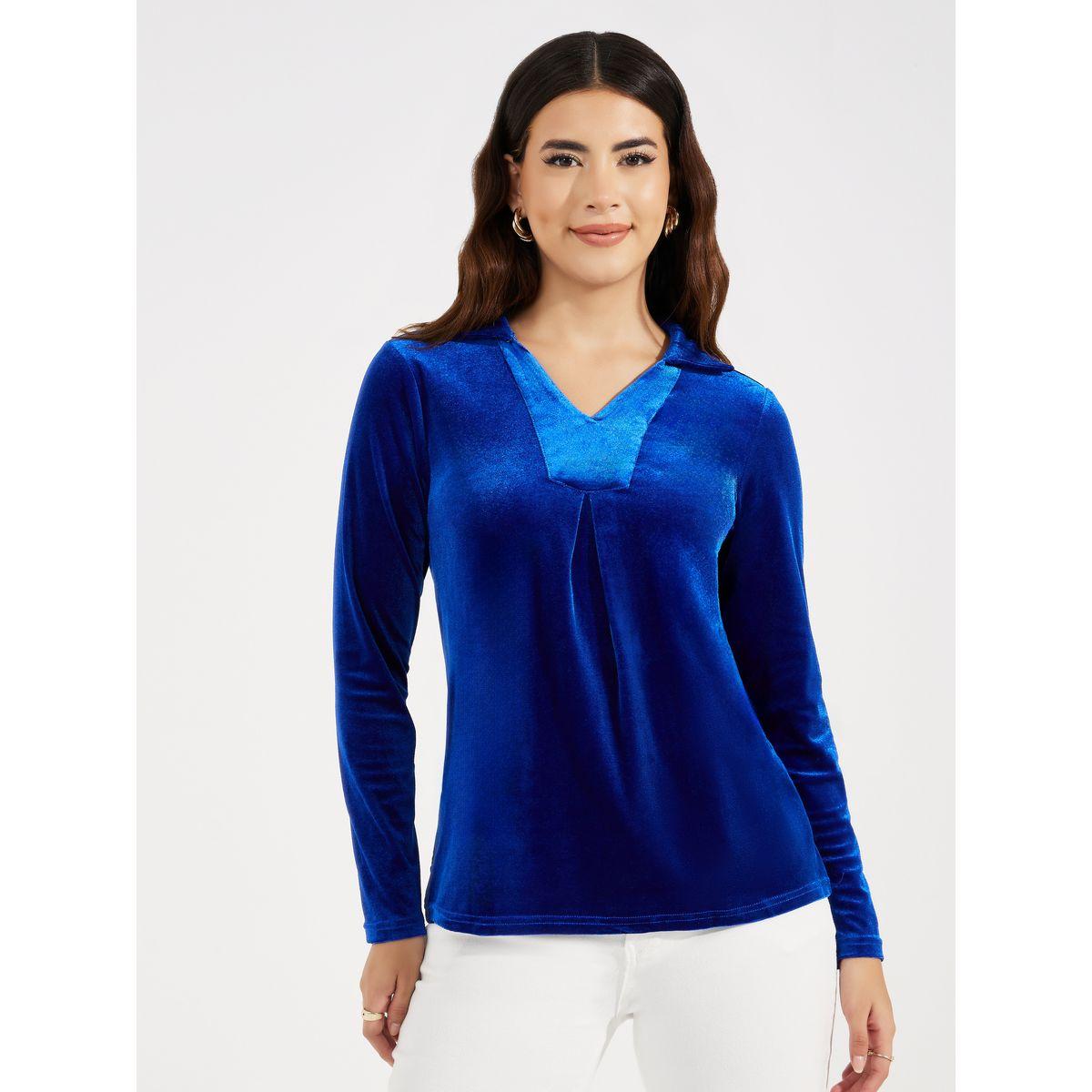 Styli Velvet V Neck Long Sleeves Top-women-clothing-shirtsandblouses-blouses-image-2