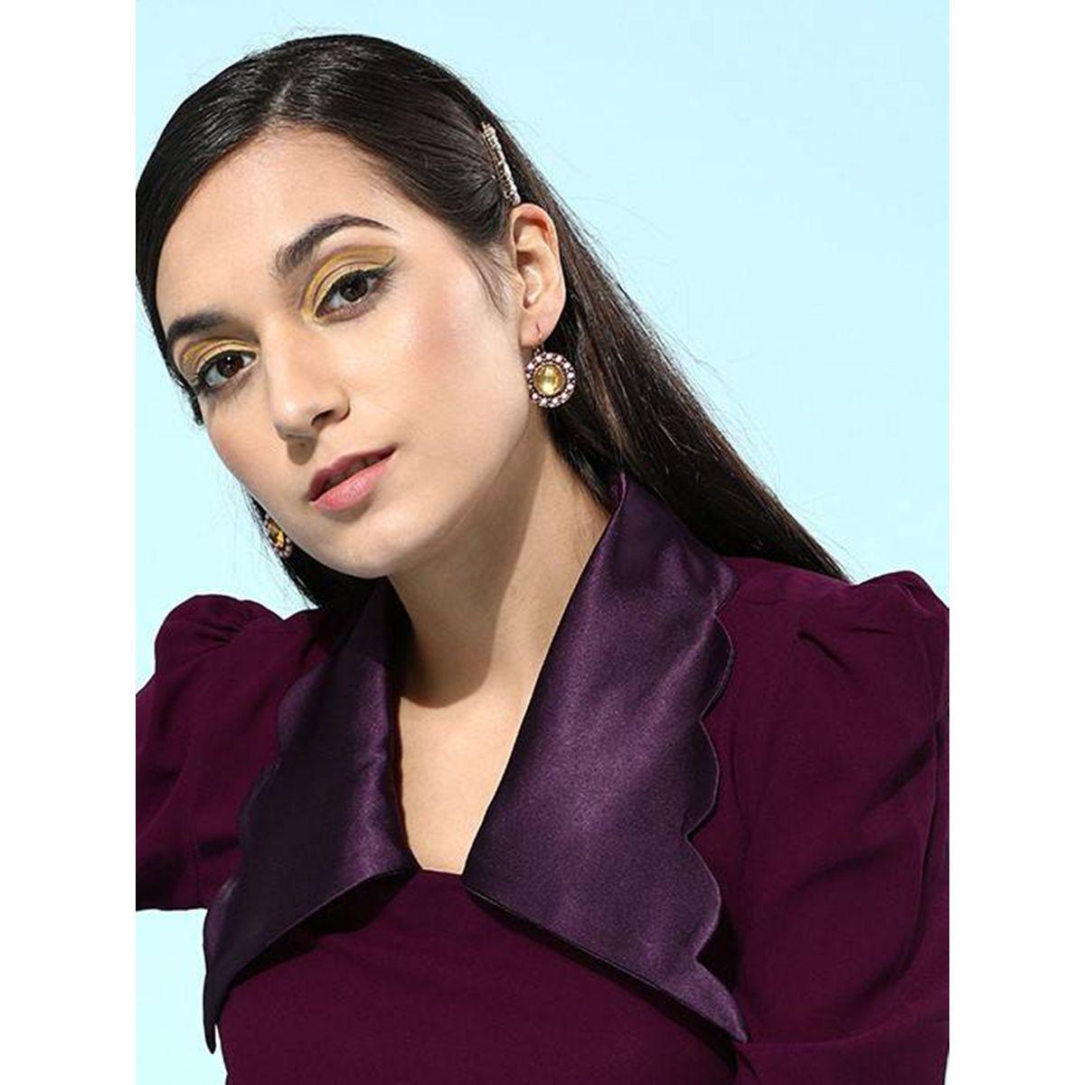 بلوزة ساتان مع حواف ياقة بنمط صدف واكمام منفوخة ميش × ستايلي-women-clothing-shirtsandblouses-blouses-image-5