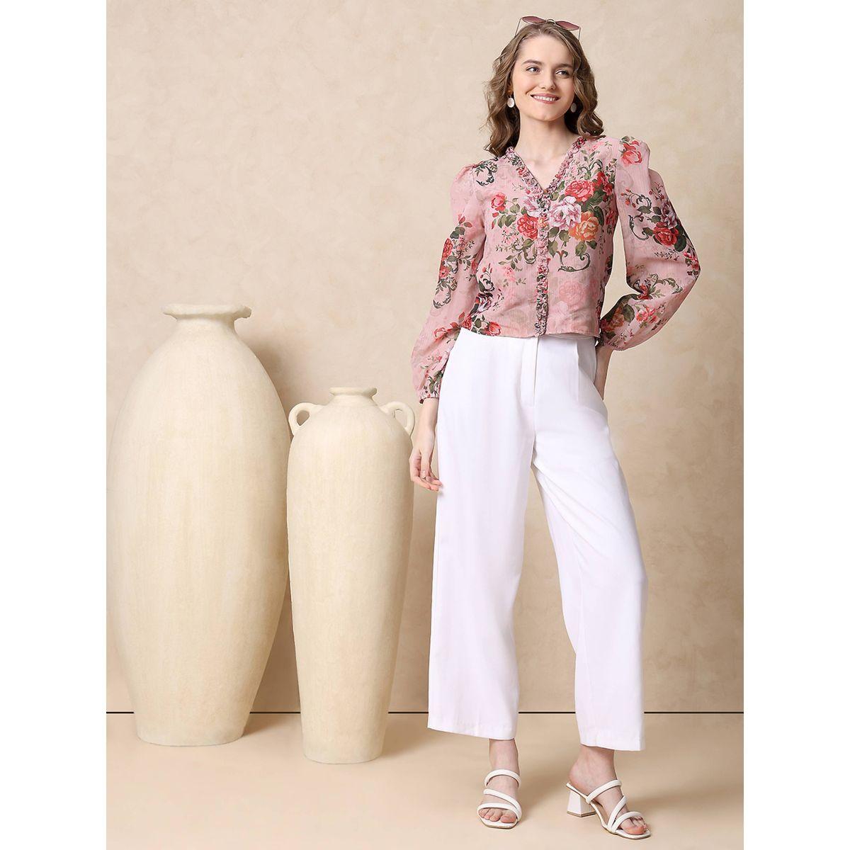 بلوزة جورجيت مطبعة بزهور مع تفاصيل كشكش ميش × ستايلي-women-clothing-shirtsandblouses-blouses-image-1