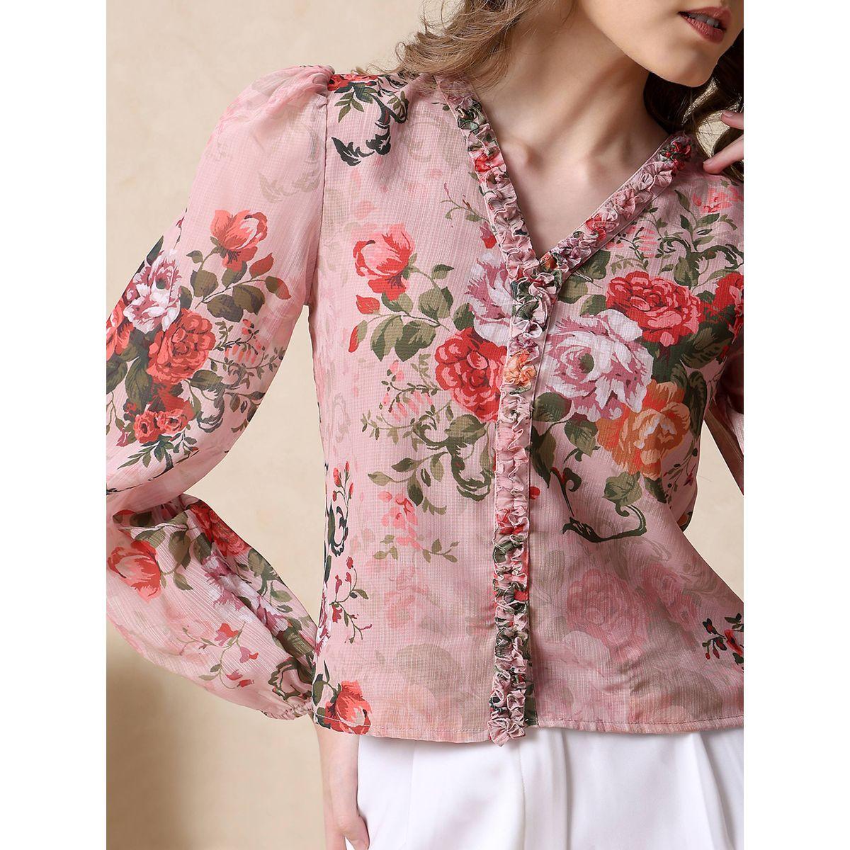 بلوزة جورجيت مطبعة بزهور مع تفاصيل كشكش ميش × ستايلي-women-clothing-shirtsandblouses-blouses-image-2