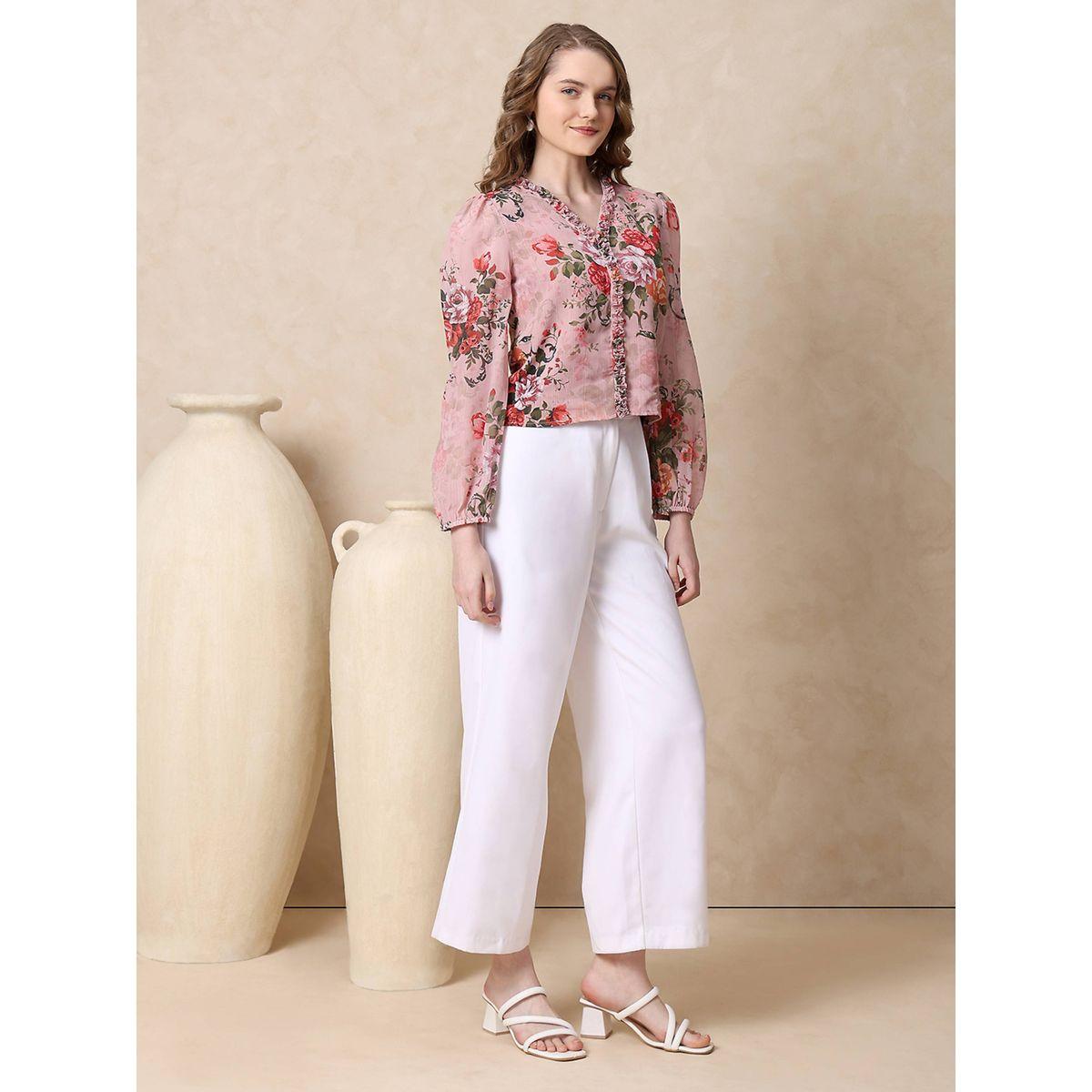 بلوزة جورجيت مطبعة بزهور مع تفاصيل كشكش ميش × ستايلي-women-clothing-shirtsandblouses-blouses-image-3