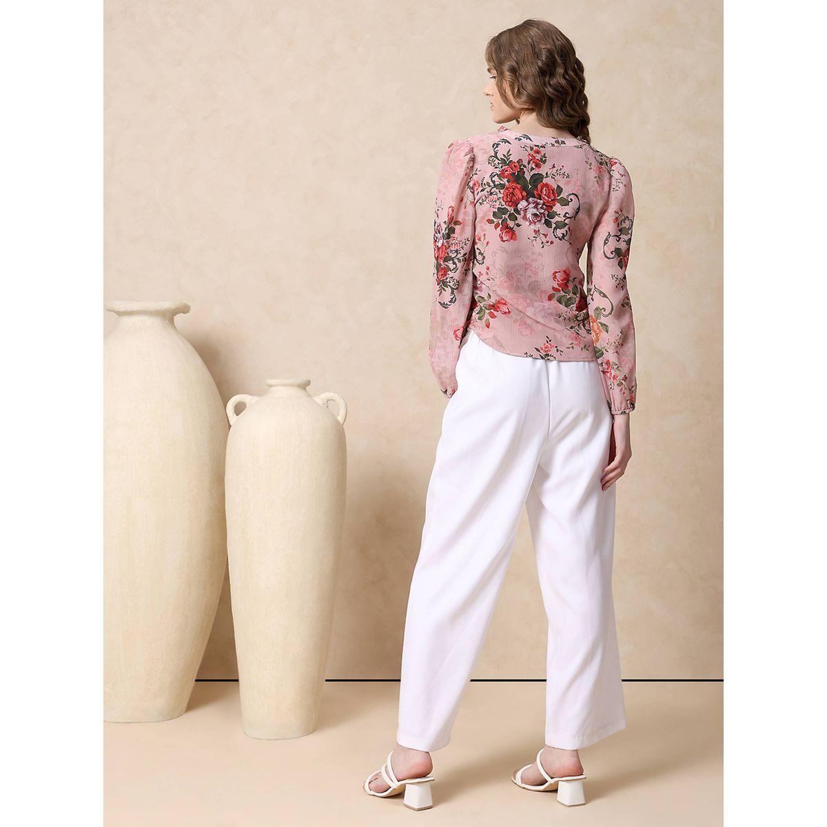 بلوزة جورجيت مطبعة بزهور مع تفاصيل كشكش ميش × ستايلي-women-clothing-shirtsandblouses-blouses-image-4