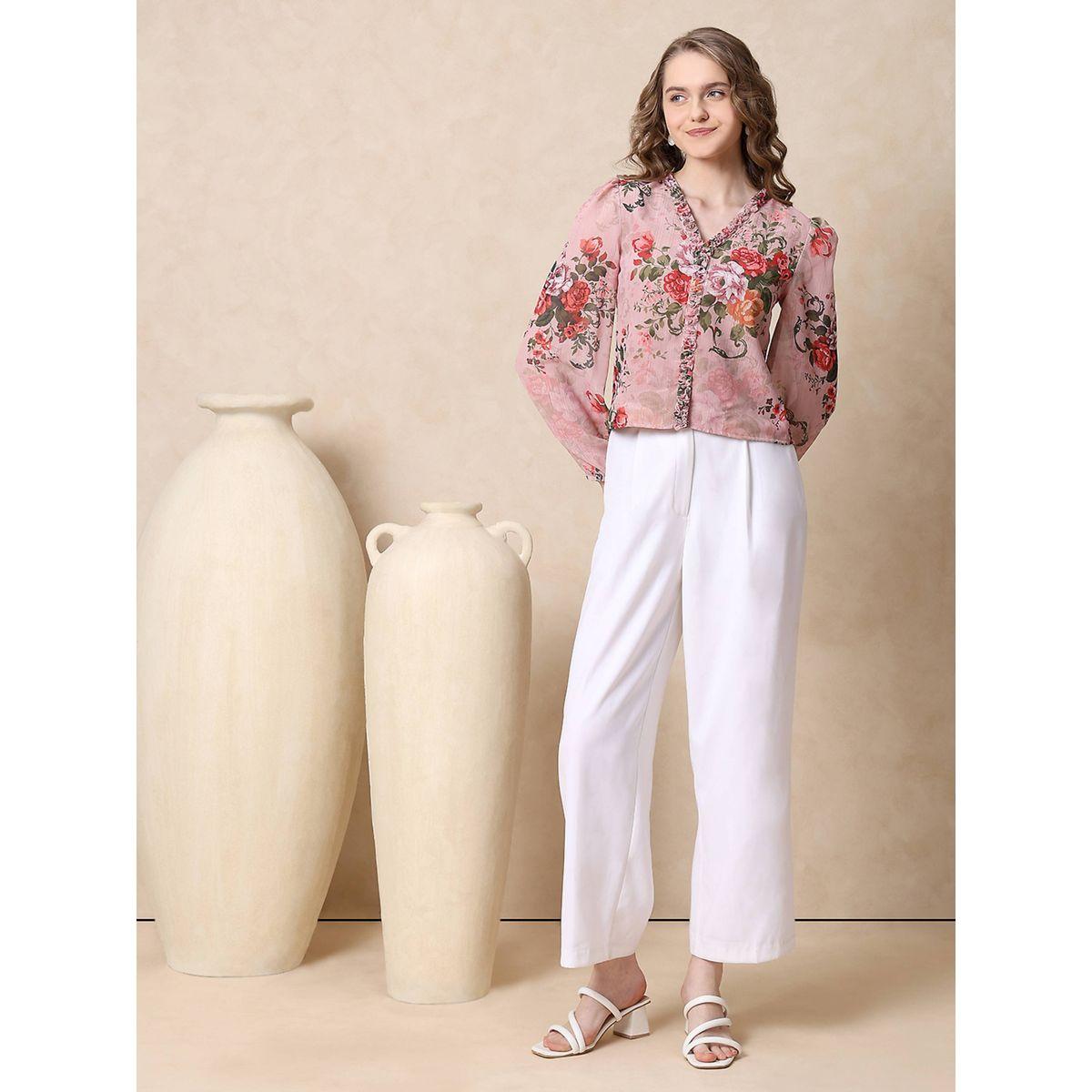 بلوزة جورجيت مطبعة بزهور مع تفاصيل كشكش ميش × ستايلي-women-clothing-shirtsandblouses-blouses-image-5