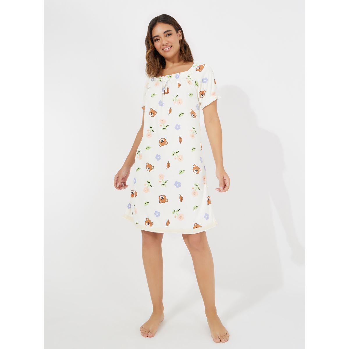 Styli Textured Square Neck Bear Print Nightdress-women-clothing-nightwear-nighties-image-1