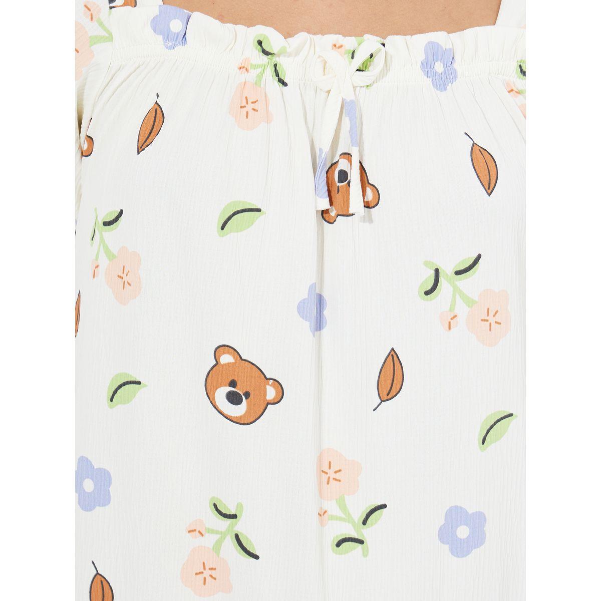Styli Textured Square Neck Bear Print Nightdress-women-clothing-nightwear-nighties-image-2