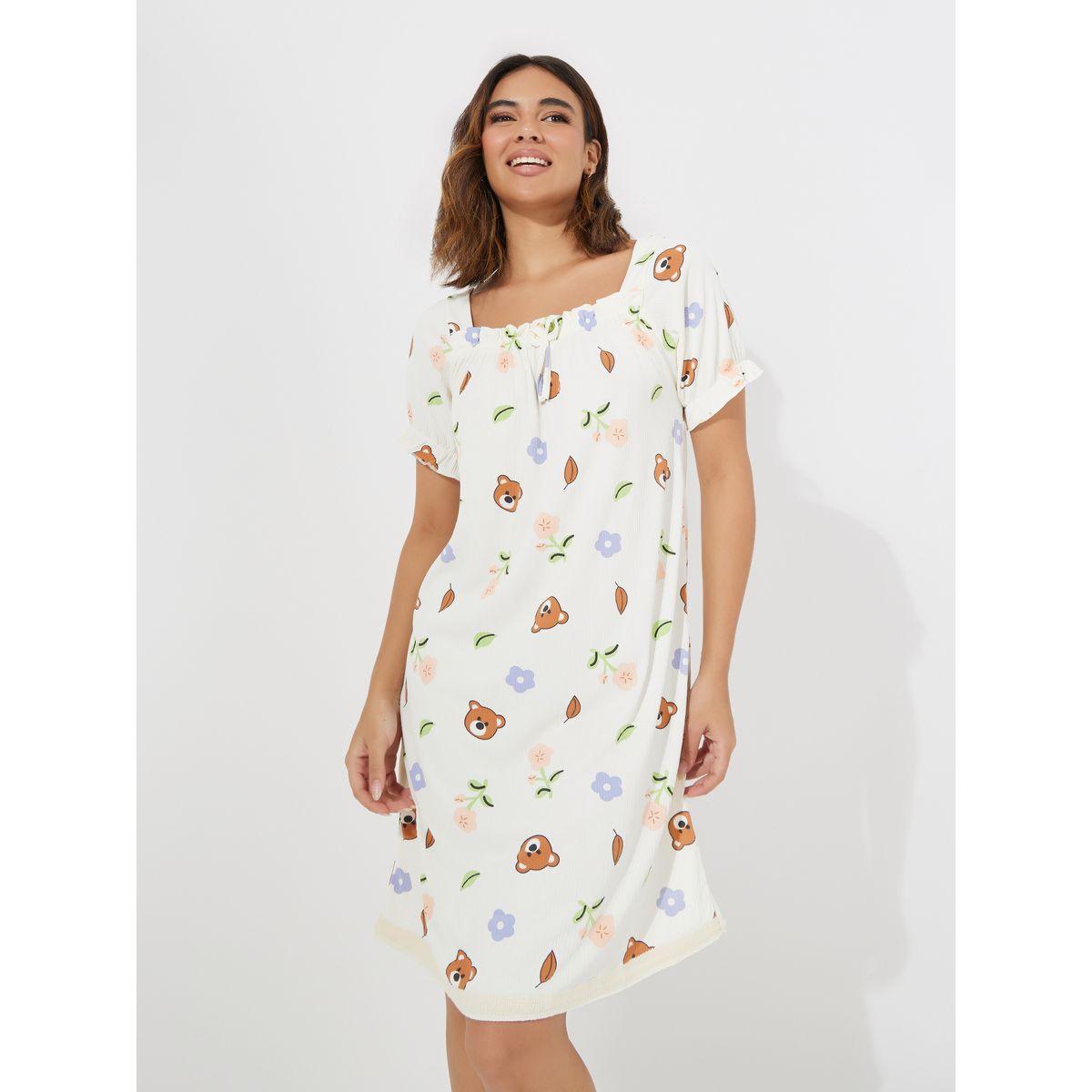 Styli Textured Square Neck Bear Print Nightdress-women-clothing-nightwear-nighties-image-3