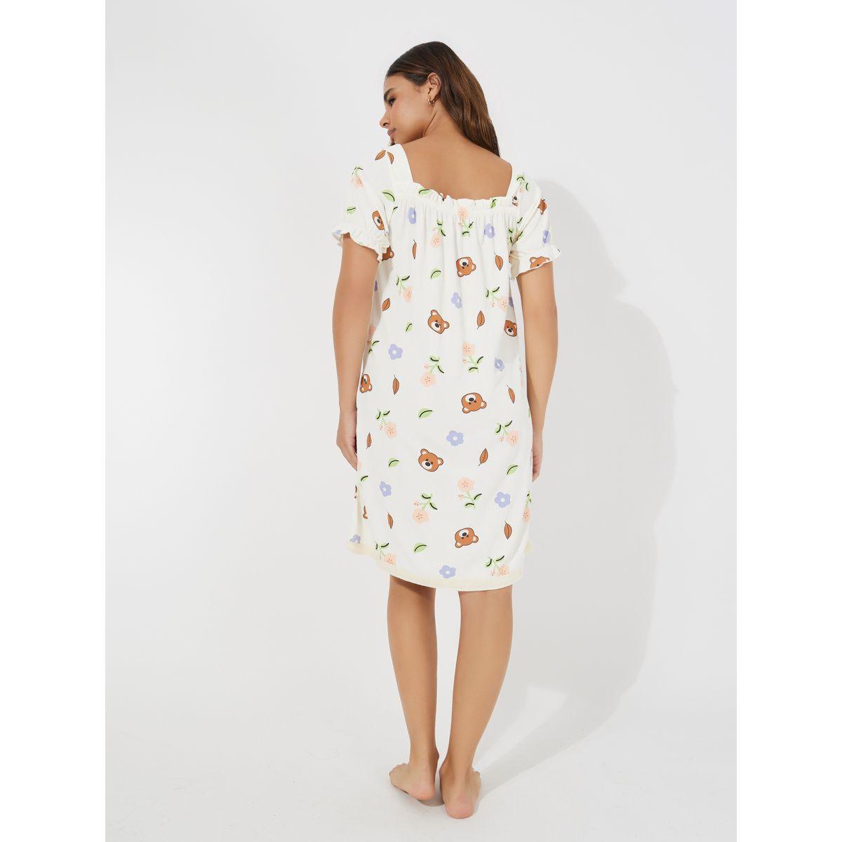 Styli Textured Square Neck Bear Print Nightdress-women-clothing-nightwear-nighties-image-4