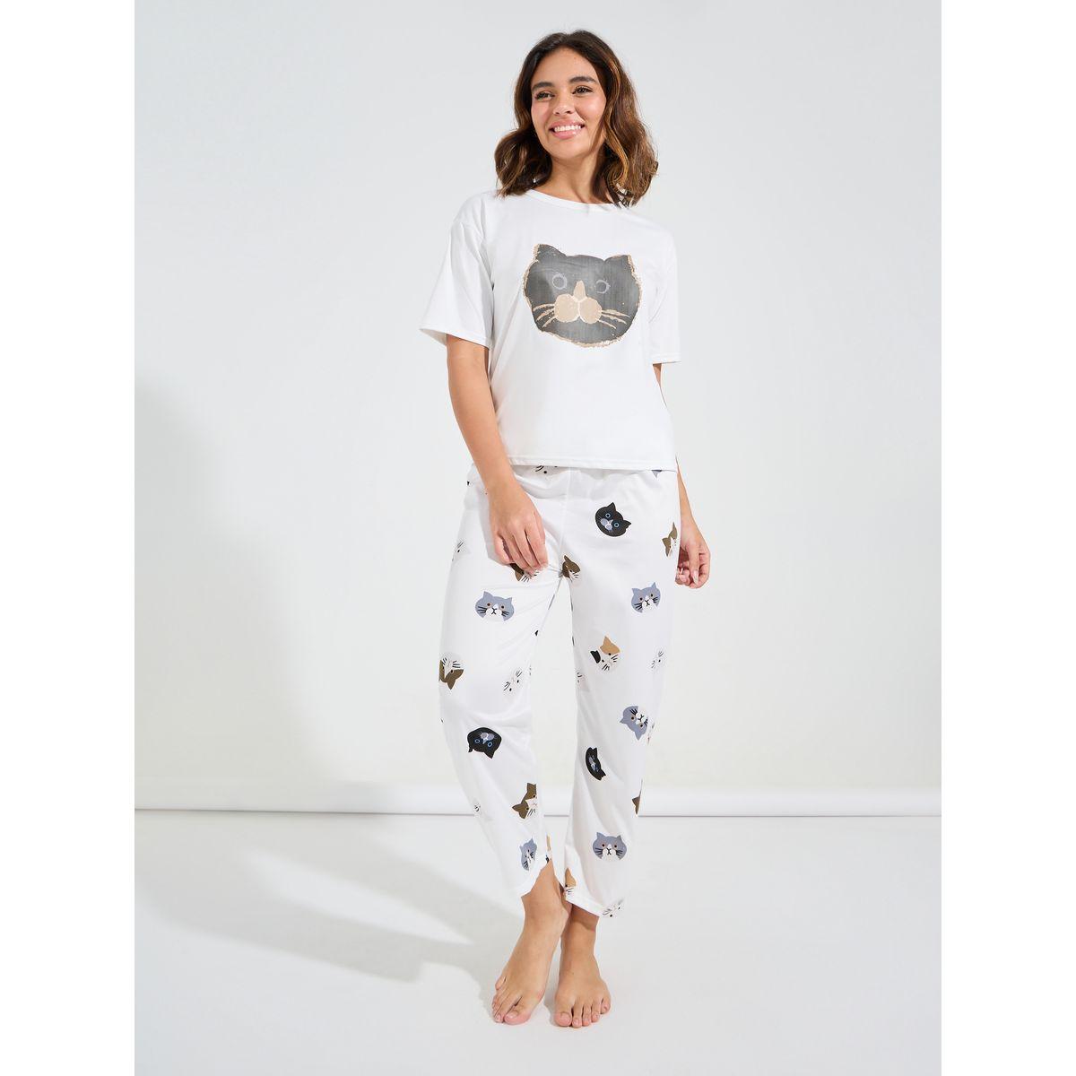 Styli Cat Print T-Shirt & Pyjama Set-women-clothing-nightwear-pyjamas-longsets-image-1